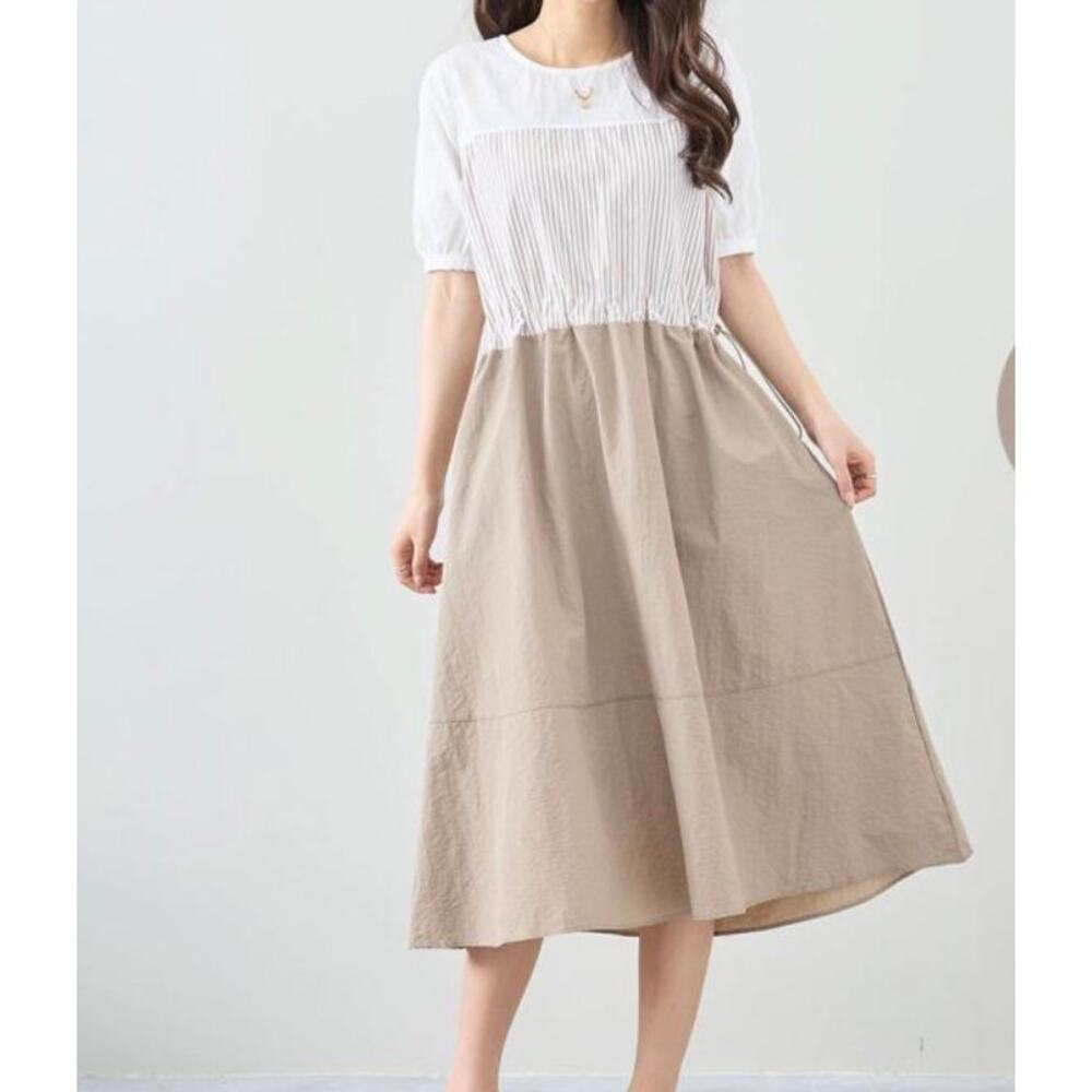 Aesthetic Korean Streetwear Striped Pocket Midi Dress Nylon/Memory Cloth